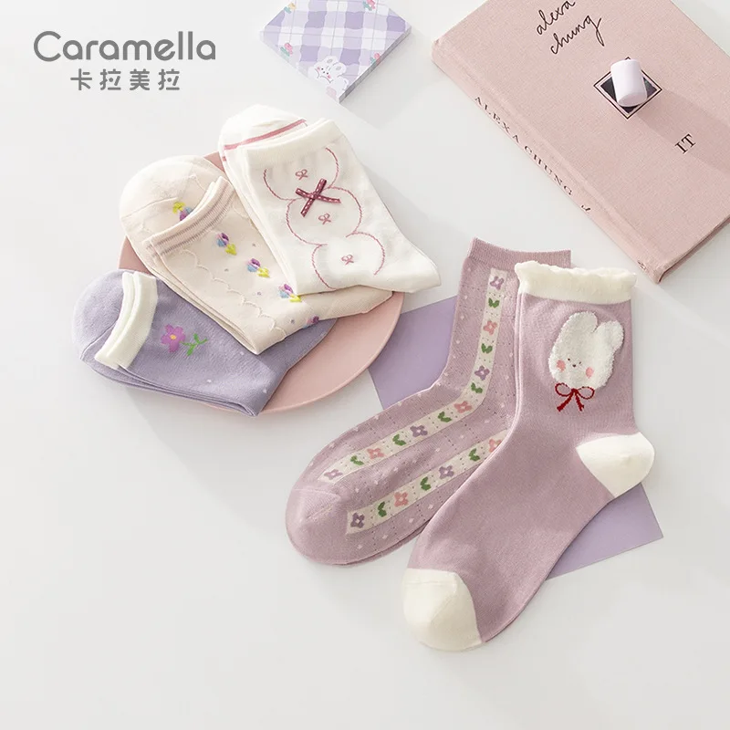 

Caramella Women Cute Socks Purple Cotton Girl Socks Cartoon Plaid Flowers Animal Print Pattern Funny Ins Spring Autumn 5 Pairs