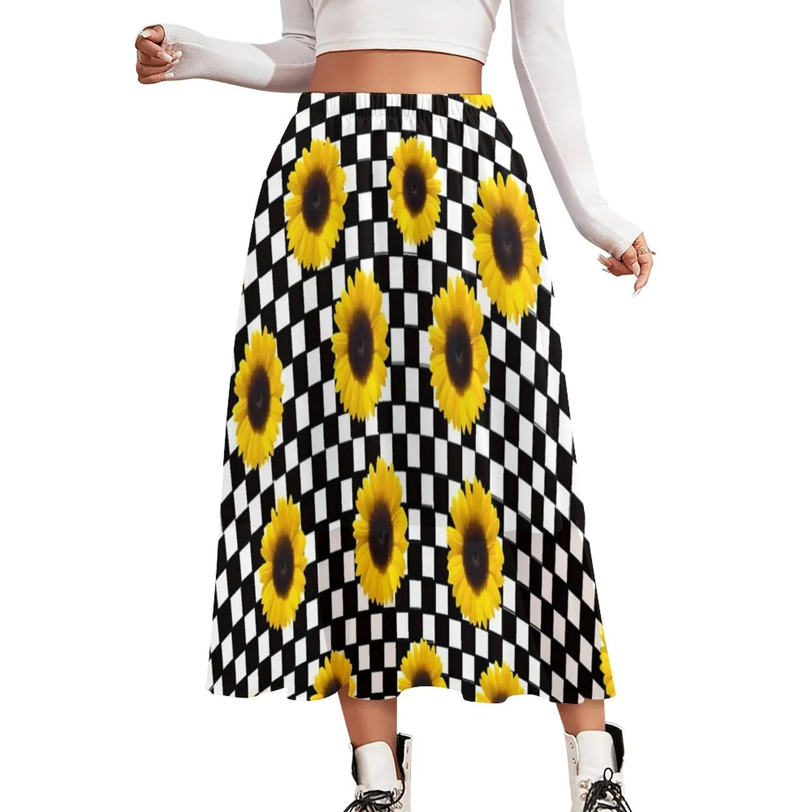 

Sunflower Skirt Black And White Check Elegant Boho Skirts Elastic Waist Design Streetwear Casual Skirt Large Size