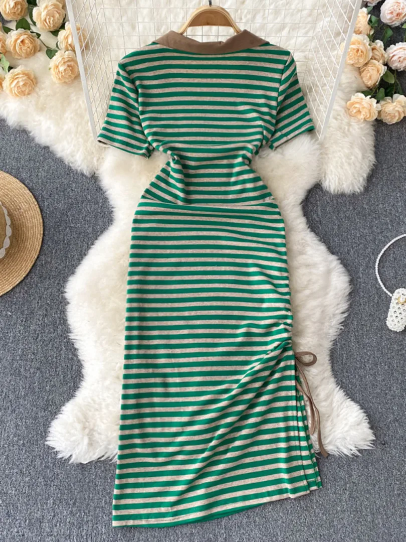 Retro Style Striped Dress Women 2025 Fashion Summer Polo Dress Casual Short  Sleeve Slim Drawstring Ruched Split Long Maxi Dress - AliExpress 200000345