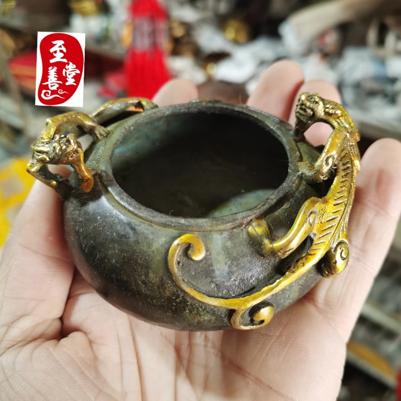 

Античная коллекция старой целлюлозы daming xuande надпись позолоченная двойная ручка ДРАКОН бронзовая шайба