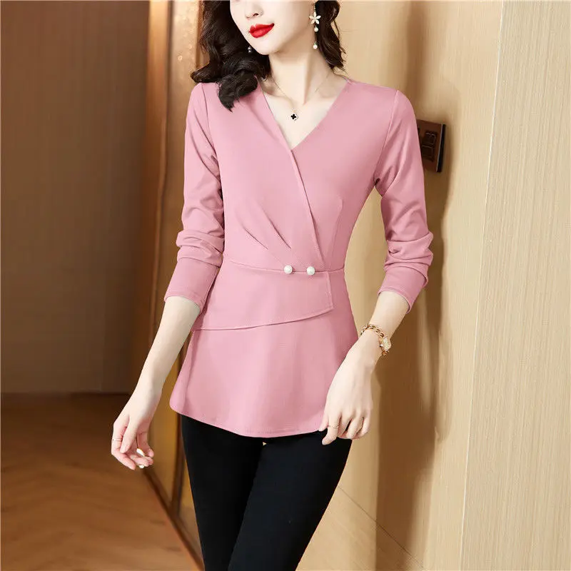 

Long Sleeve V-neck Bottoming Shirt Spring Autumn Women Clothing New Solid Color Trend Irregular All-match T-Shirt Tops Elegant