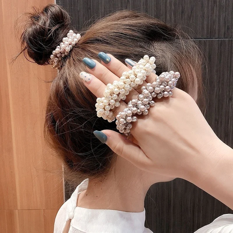 Elegante Perlen-Haargummis für Frauen und Mädchen, einfache Pferdeschwanz-Stirnbänder, elastische Haar-Accessoires, Modeschmuck, Haarband – Detail 3