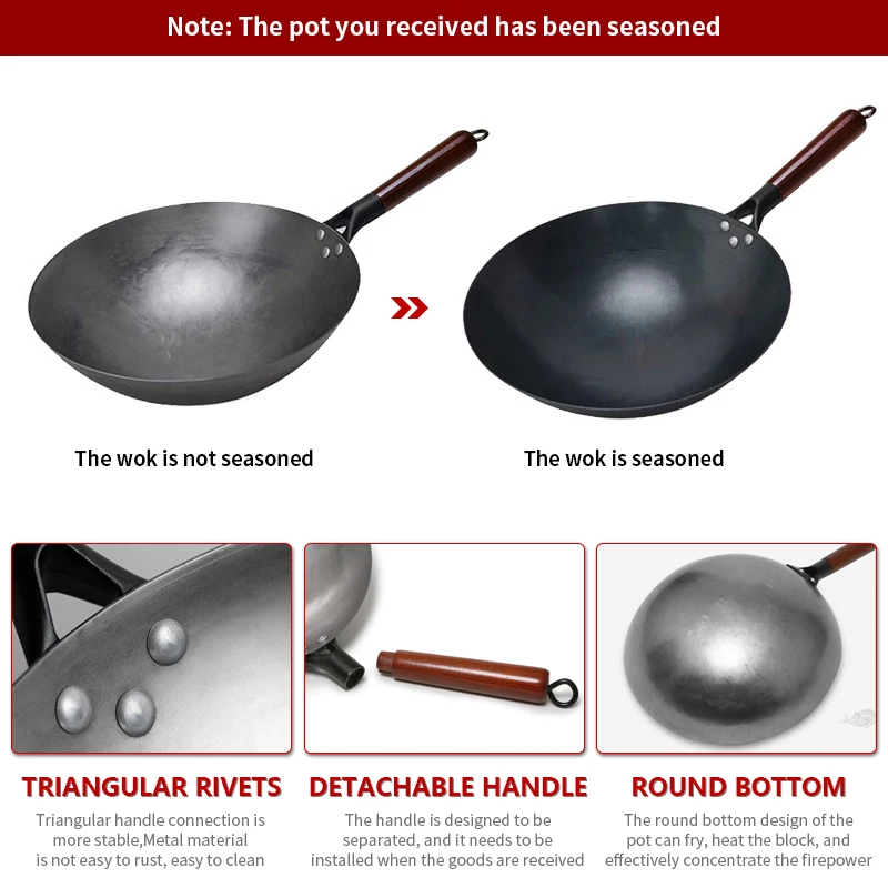 Traditional Iron Wok Non-coating Hand forged Kitchen Pan Wooden Handle