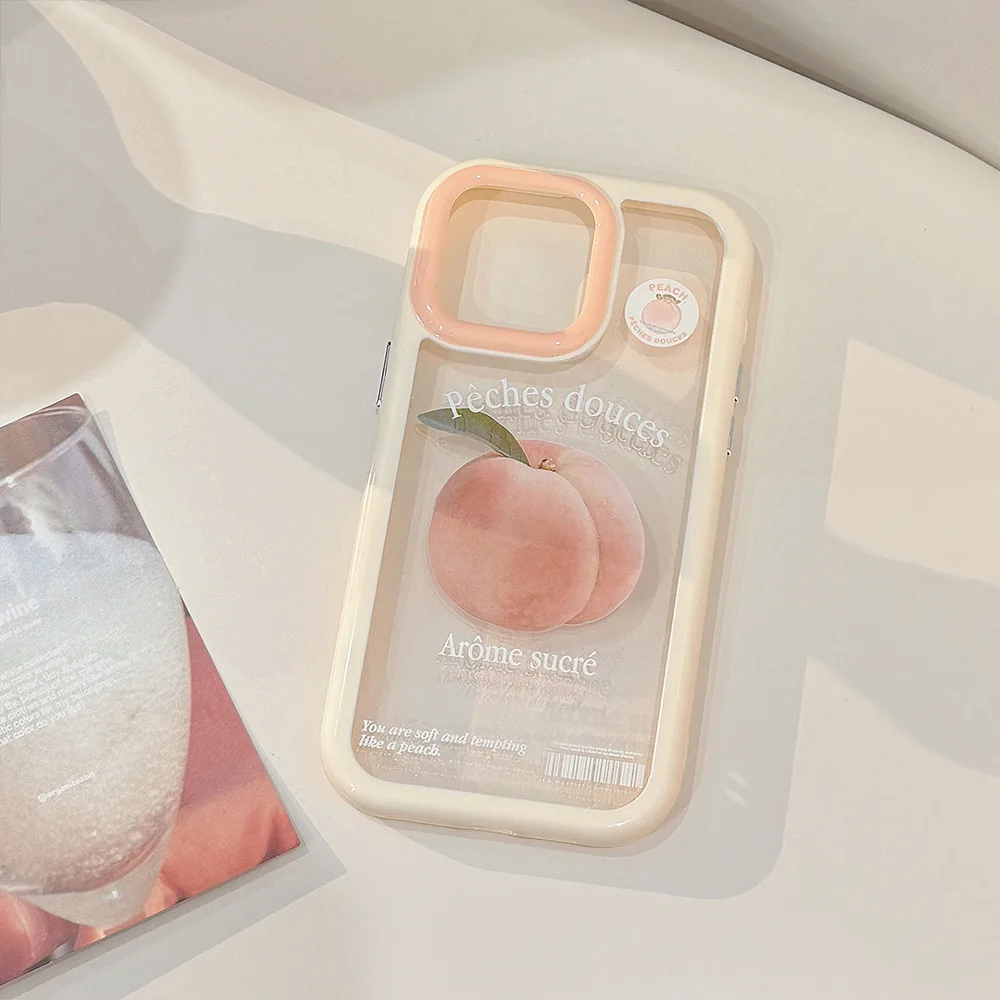 Korean Cartoon Green Apple Peach Magnetic Phone Case - Clear Shockproof Cover