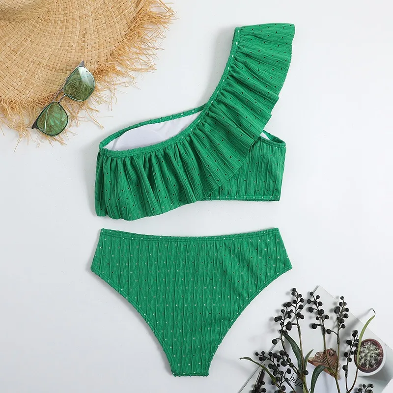 Women's One Shoulder Bathing Suit Ruffle Trim High Waisted 2 Piece Bikini Set