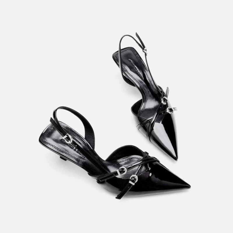 Women's Sexy Hollow Pointed One-line Buckle Skinny Heel Sandals Modern Office Wedding Slingback High Heels for Women
