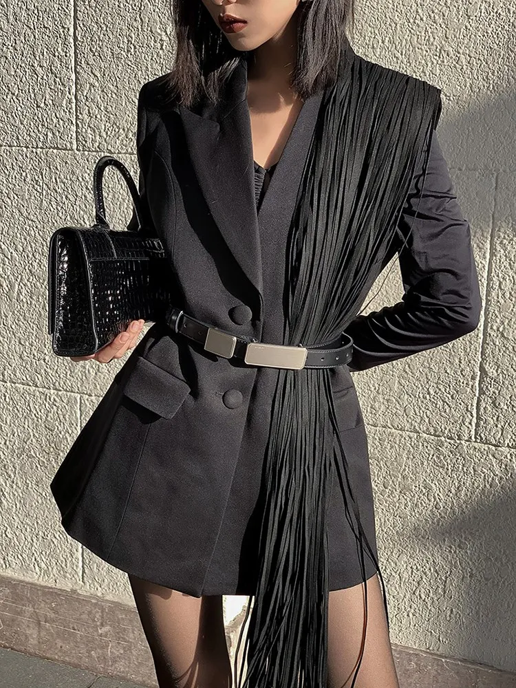 KBQ Spliced Tassel Casual Blazer For Women Notched Collar Long Sleeve Single Breasted Loose Solid Blazers Female Autumn Fashion