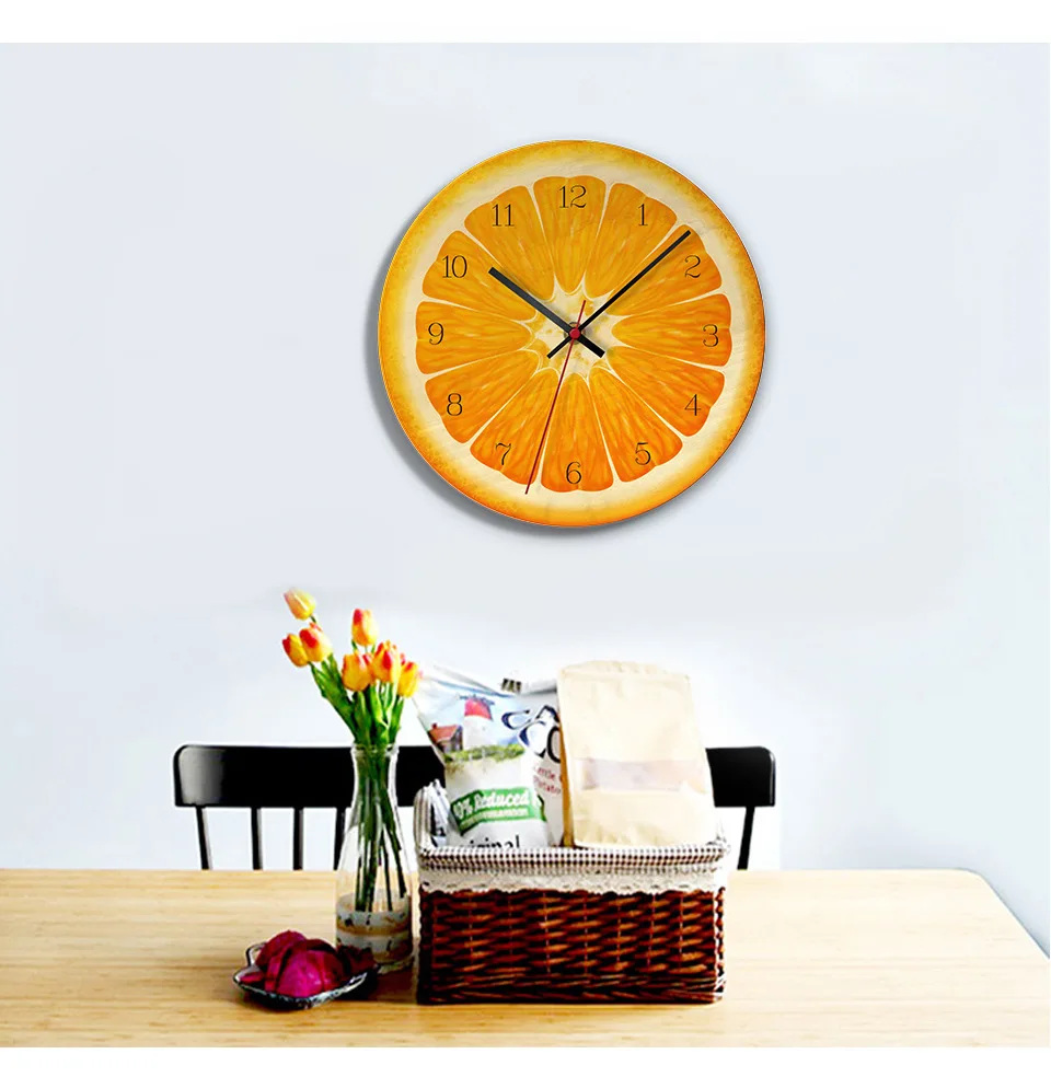 Acrylic Dial Fruits Wall Clock Non-ticking Living Room Kitchen Bedroom Modern Design Office Decor