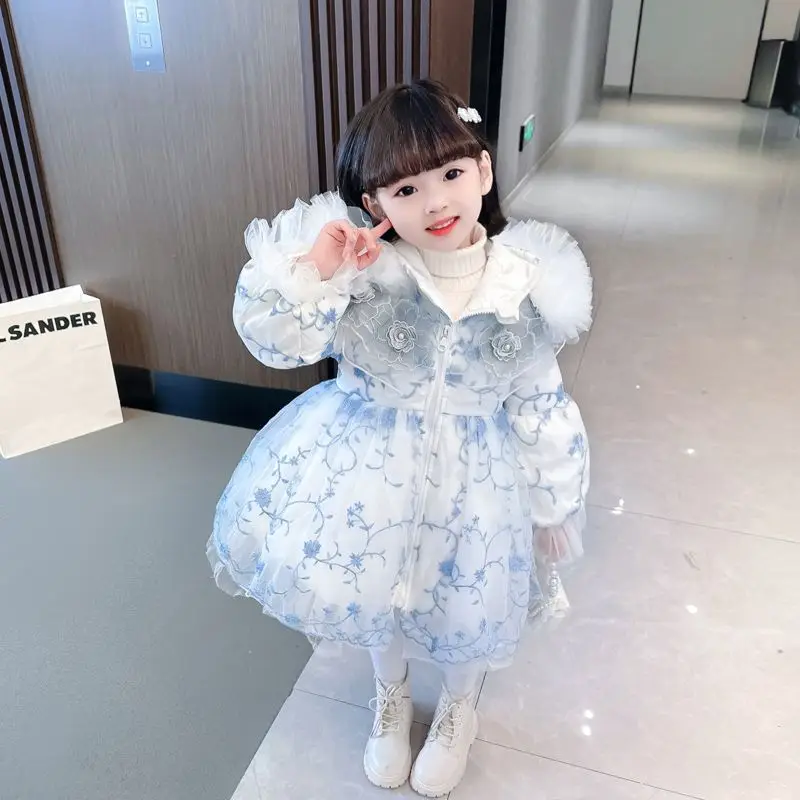 

Kawaii Tsukino Usagi Child Winter Girl Lolita Blue and White Porcelain Princess Coat Fur Collar Hooded Mesh Long Cotton Coat