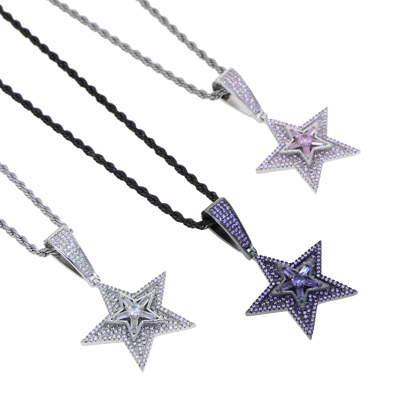 New designer 5-points stars rotatable Charm pendant Necklace Hip hop Women men full paved 5A CZ Party gift jewelry 4