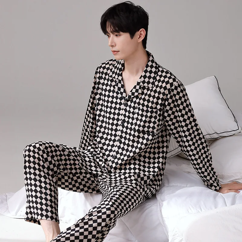 Spring Autumn Men's Thin Ice Silk Pajamas Lapel Long Sleeve Cardigan Pants Casual Home Clothing Set Luxury Printed Sleepwear