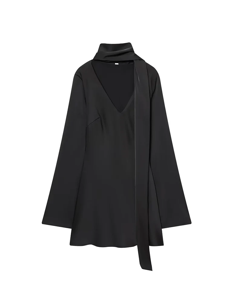 New Women's Scarf Collar Party Dress Solid V Neck Flare Long Sleeve Mini Dress Summer Satin Elegant Chic Ladies Fashion Dress
