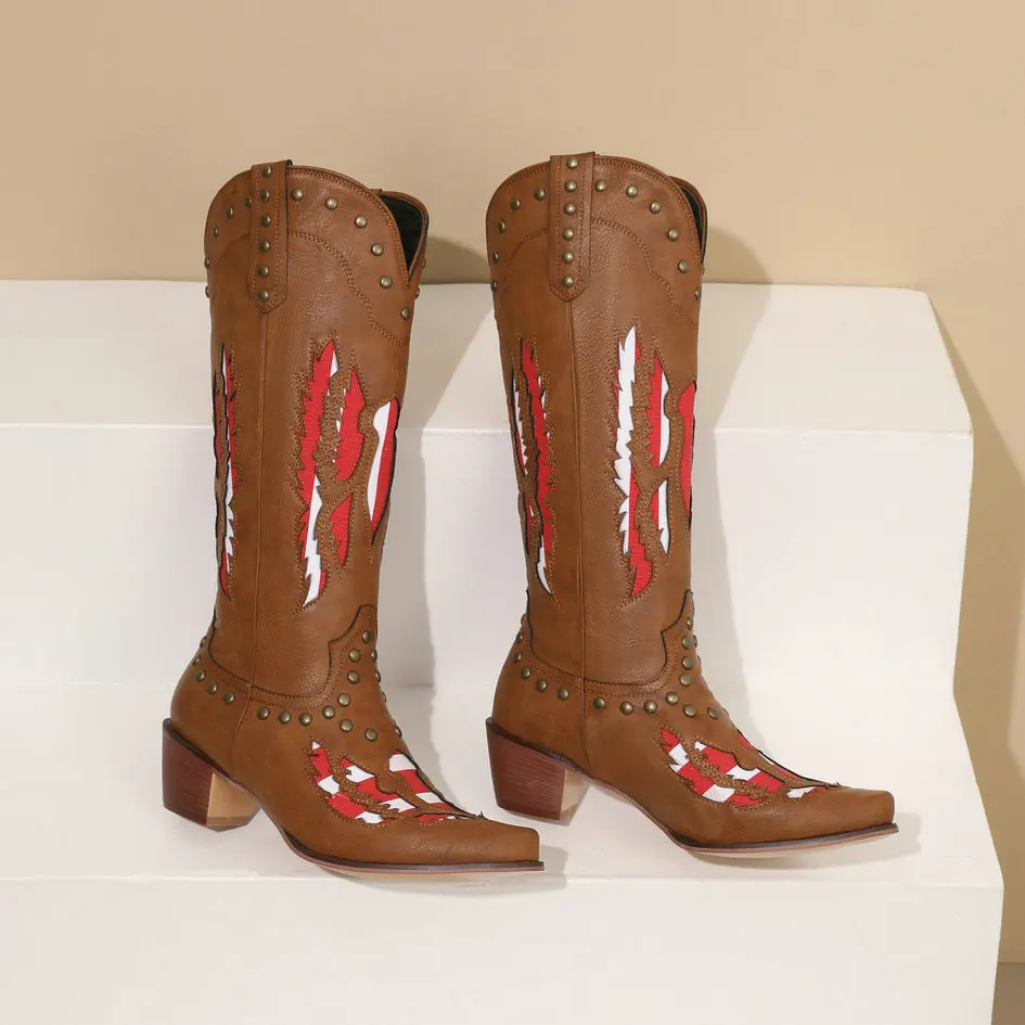Women's Cowboy Boots Retro Western Boots Mid Calf Rivets Decor Pointed Toe Comfy Chunky Med Heels Shoes 2024 New Plus Size 10.5