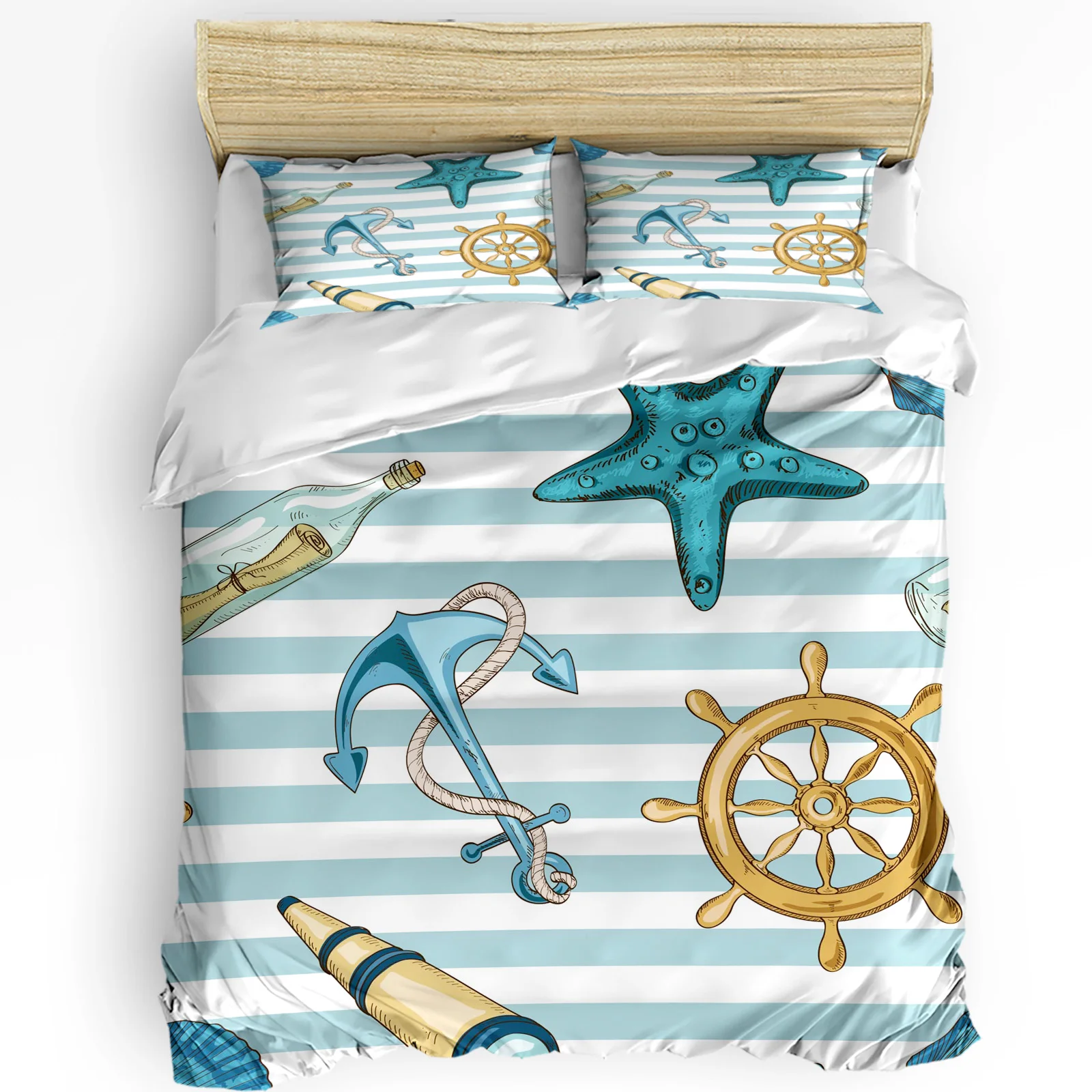 

Nautical Anchor Starfish Stripes Rudder Bedding Set 3pcs Duvet Cover Pillowcase Quilt Cover Double Bed Set Home Textile