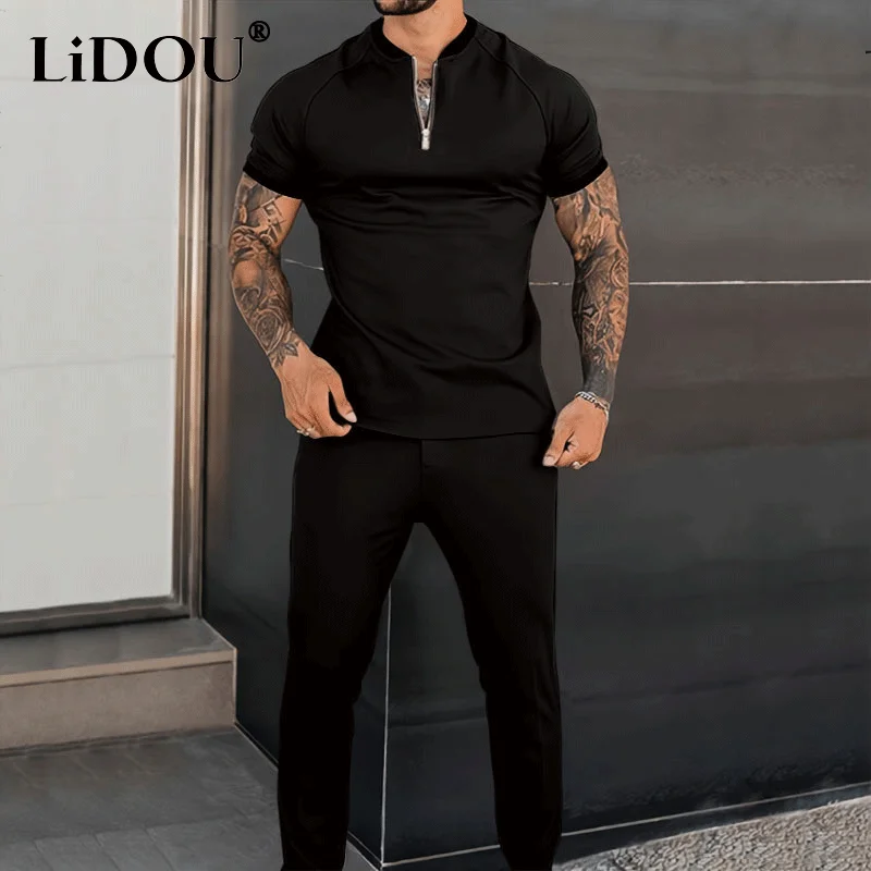 Summer Autumn New Solid Color Fashion Youth Vitality Leisure Sports Suit V-neck Slim Sportswear Men Loose Casual Male Clothes