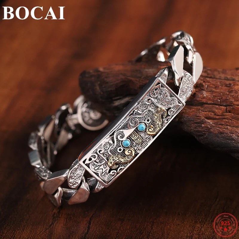 

BOCAI S925 Sterling Silver Bracelets for Men New Fashion Taotie Totem Horsewhip-Chain Amulet Punk Jewelry Free Shipping