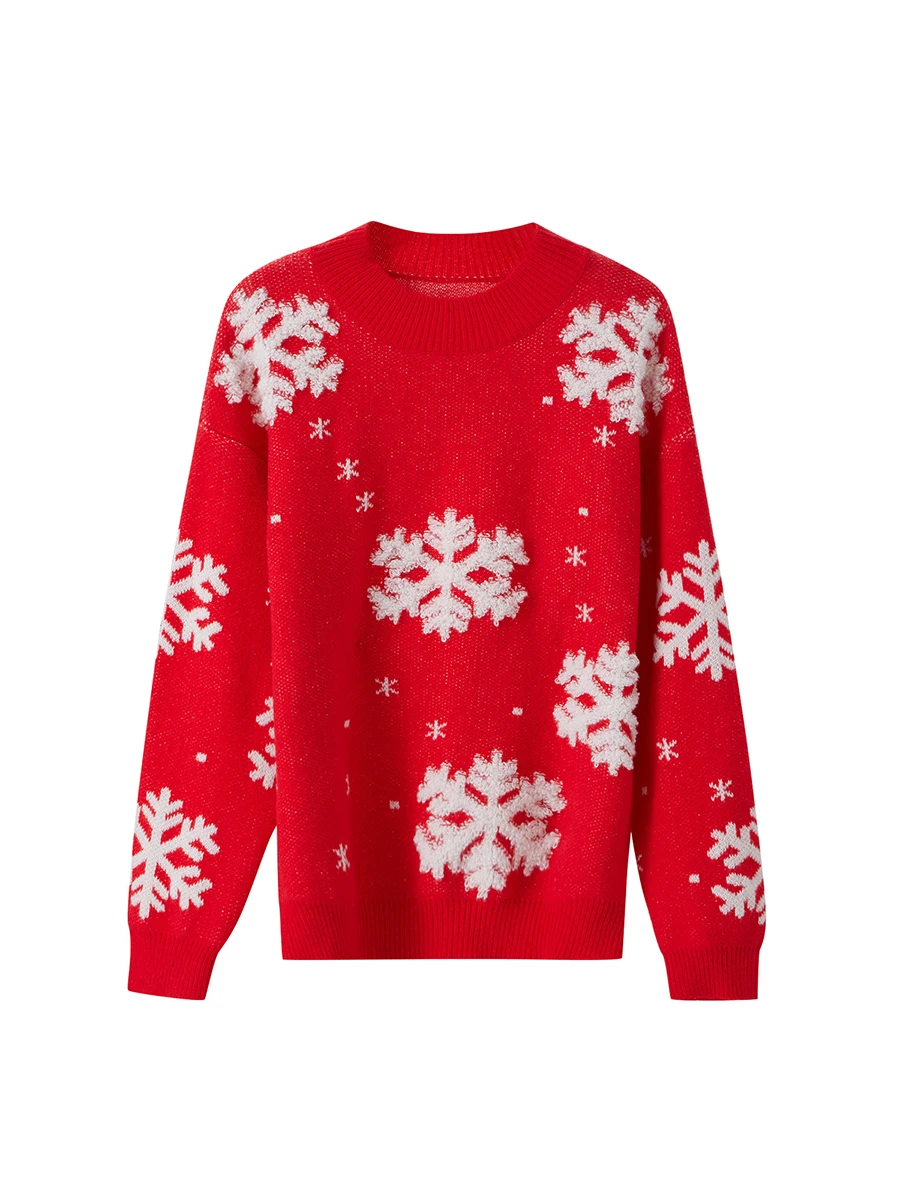 Women s Cozy Knit Sweater with Snowflake Print Loose Fit Pullover Top for Autumn Christmas and Streetwear Fashion