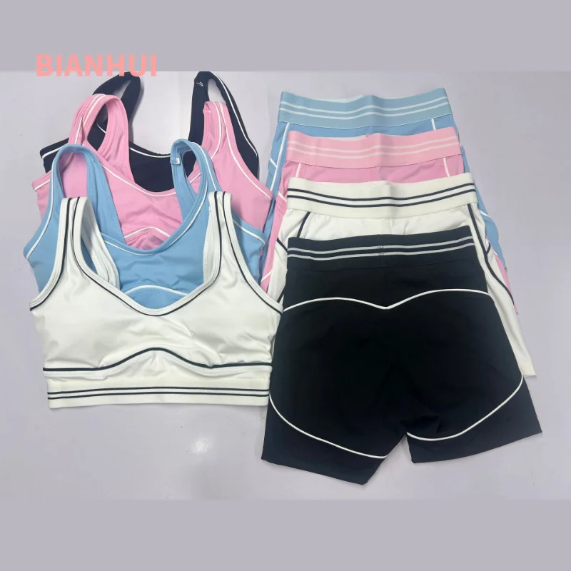 Women's Underwear Line Contrast Color Nude Shorts Set Beauty Back Pullover Tight Sportswear Woman Gym Sports Fitness Clothing