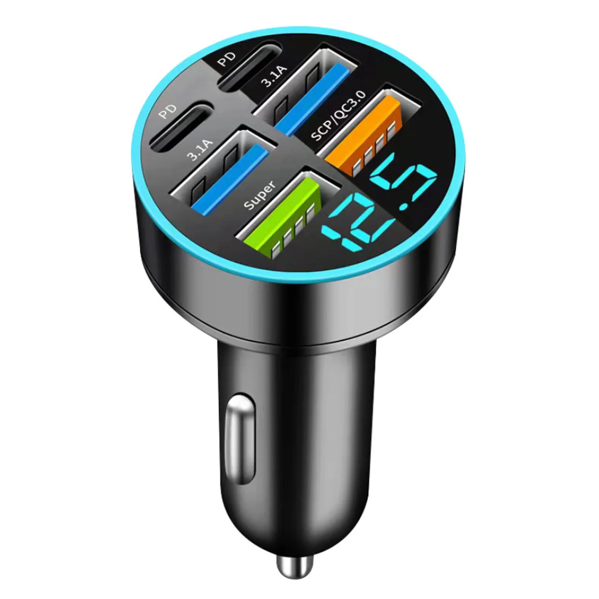 USB C Typ C Autoladegerät 6 Ports USB Superschnelles Laden Telefon Ladespannungserkennung Digitalanzeige Handy-Ladegerät
