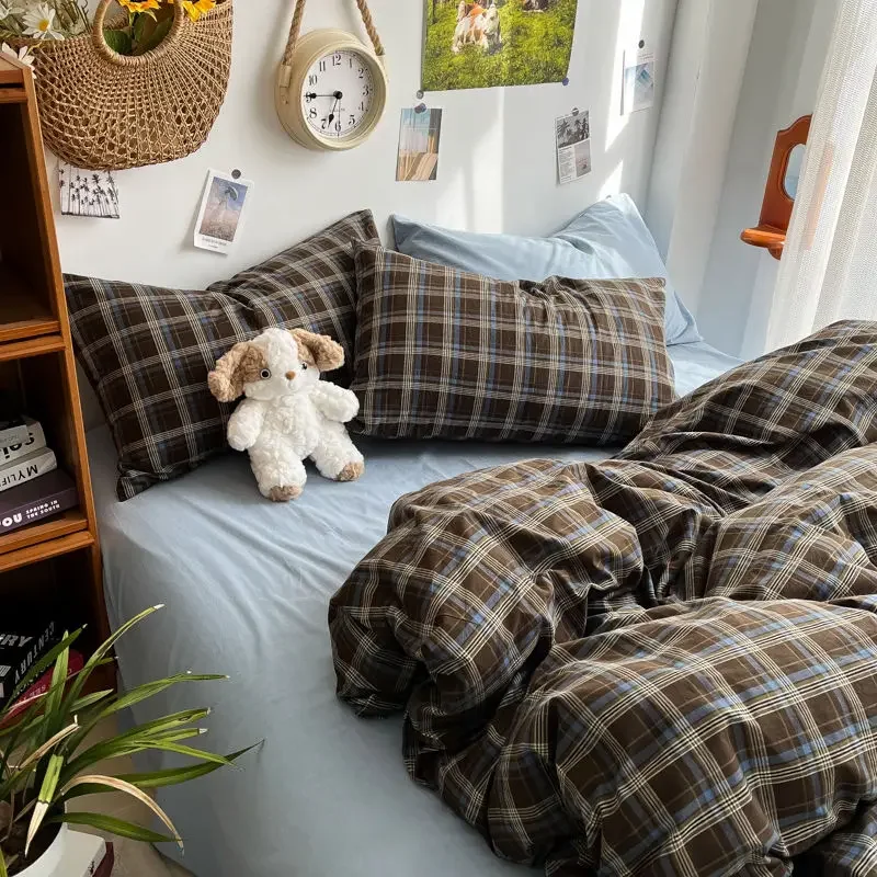 Bedding Set Ins Ambiance Blue Coffee Grid Mixed With Washed Cotton Minimalist Four Piece Set Fitted Sheets Duvet Cover 3