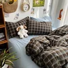 Bedding Set Ins Ambiance Blue Coffee Grid Mixed With Washed Cotton Minimalist Four Piece Set Fitted Sheets Duvet Cover 3