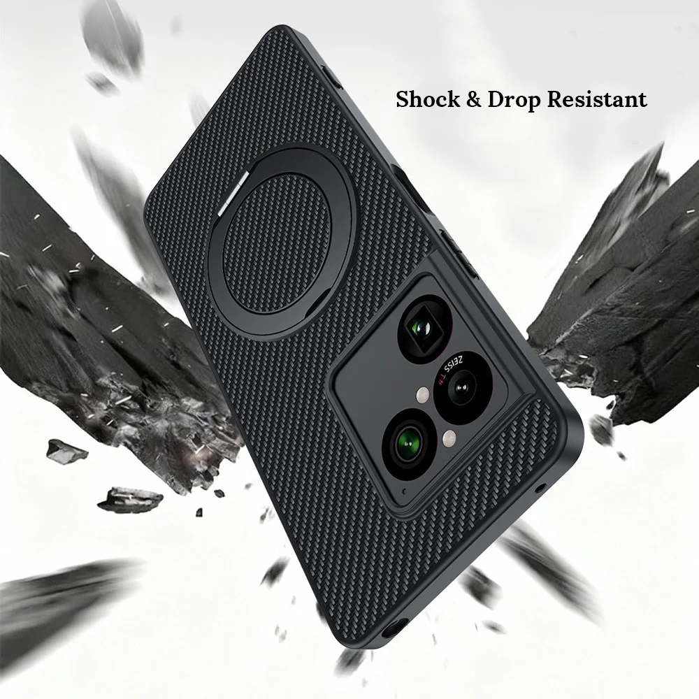 Carbon Fiber Texture Magnetic Case with 360° Rotatable Ring Kickstand - Shockproof and Anti-Slip Protective PU Leather