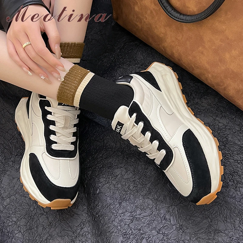 

Meotina Women Genuine Leather Sneakers Round Toe Platform Flats Lace-up Mixed Colors Ladies Fashion Casual Shoes Spring Autumn