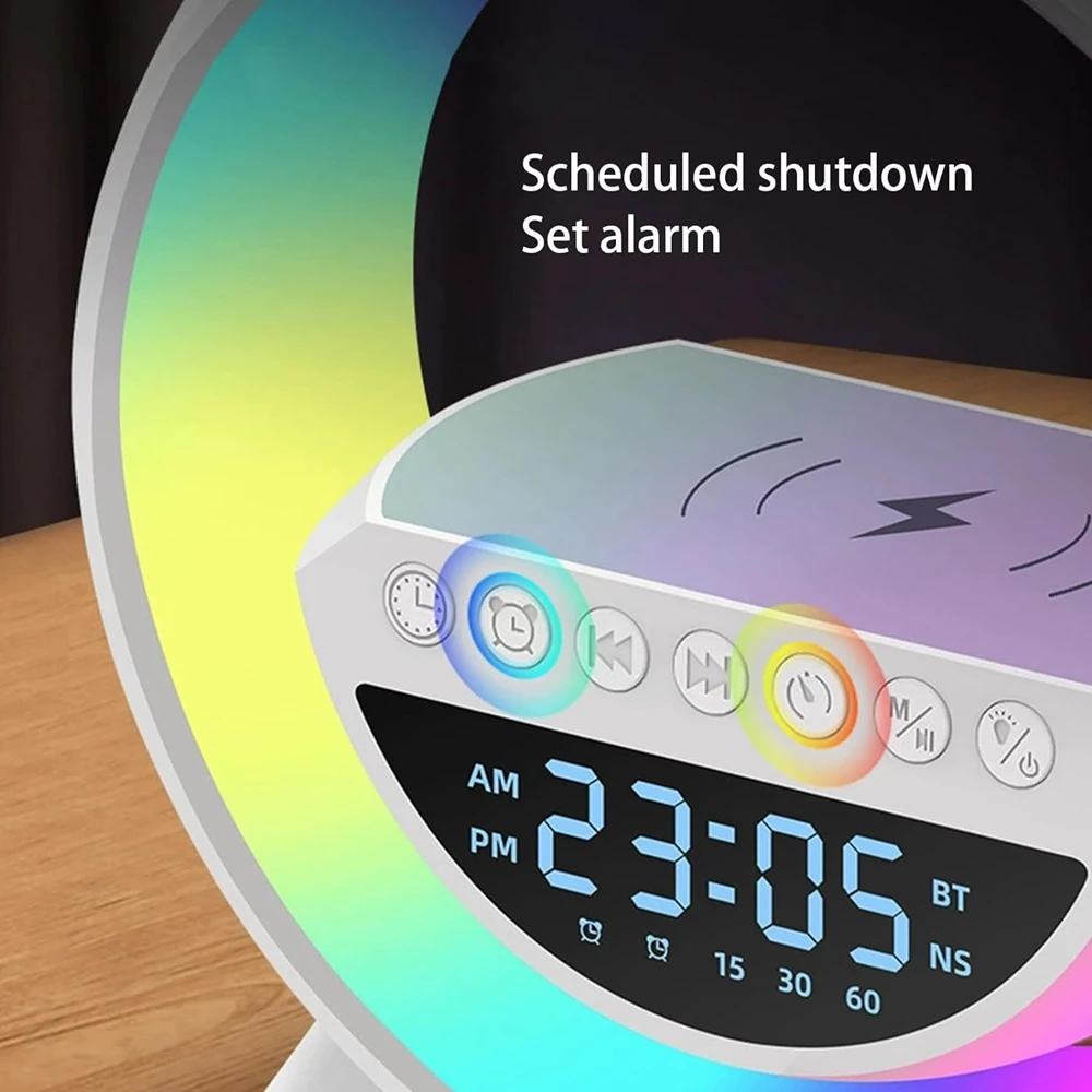 

Multi-functional wireless speaker charger g light with wireless charging alarm clock for Samsung, Xiaomi, Huawei and iPhone.