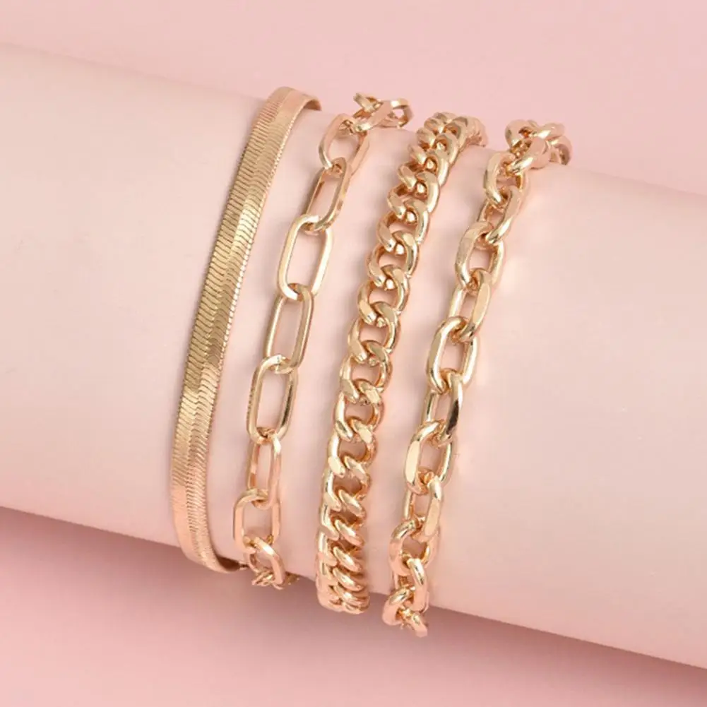 4Pcs/Set Women Bracelet Elegant Golden Adjustable Alloy Herring Bone Link Chain Teen Girls Bangle Fashion Jewelry