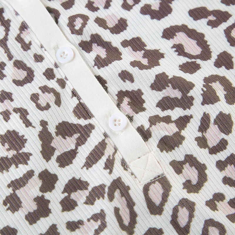 Patchwork Leopard Print Y2K Tee Button Up V Neck Contrast Color Long Sleeve Casual Knitted T Shirt Women