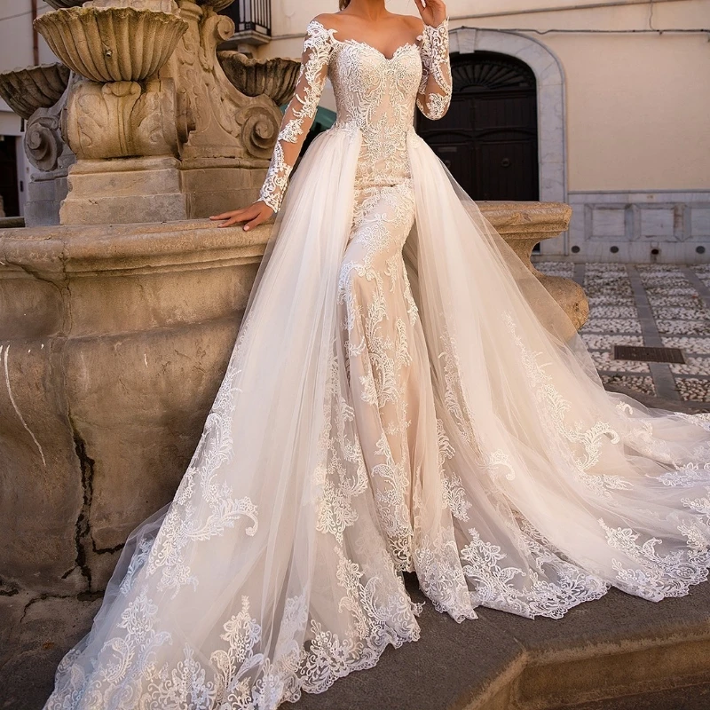 

Gorgeous Appliques Detachable Train Lace Mermaid Wedding Dress Sexy Sweetheart Beading Off the Shoulder Long Sleeved Trumpet