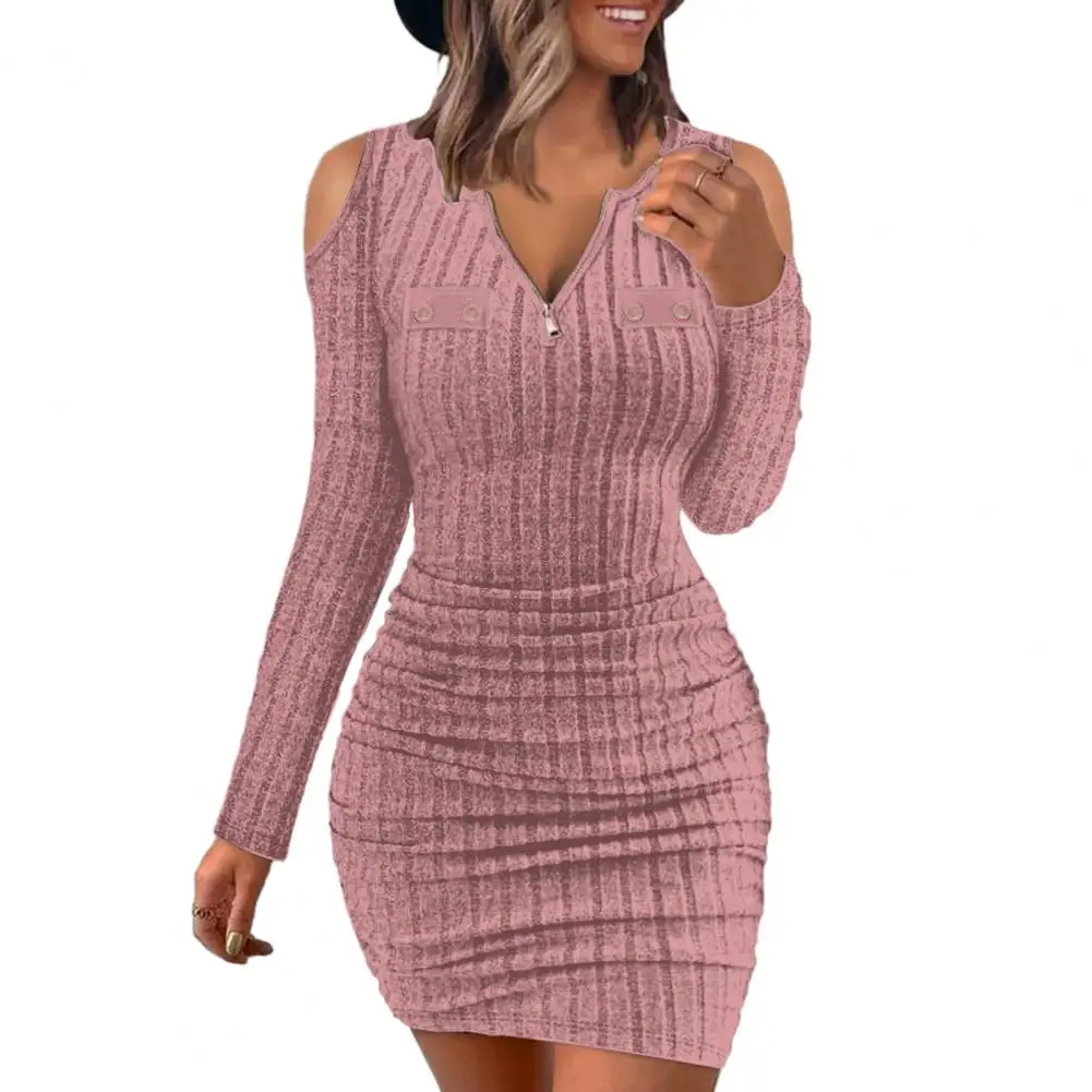 

Slim Silhouette Dress Elegant V-neck Knitted Dress for Women Slim Sheath with Off Shoulder Design Fall Winter