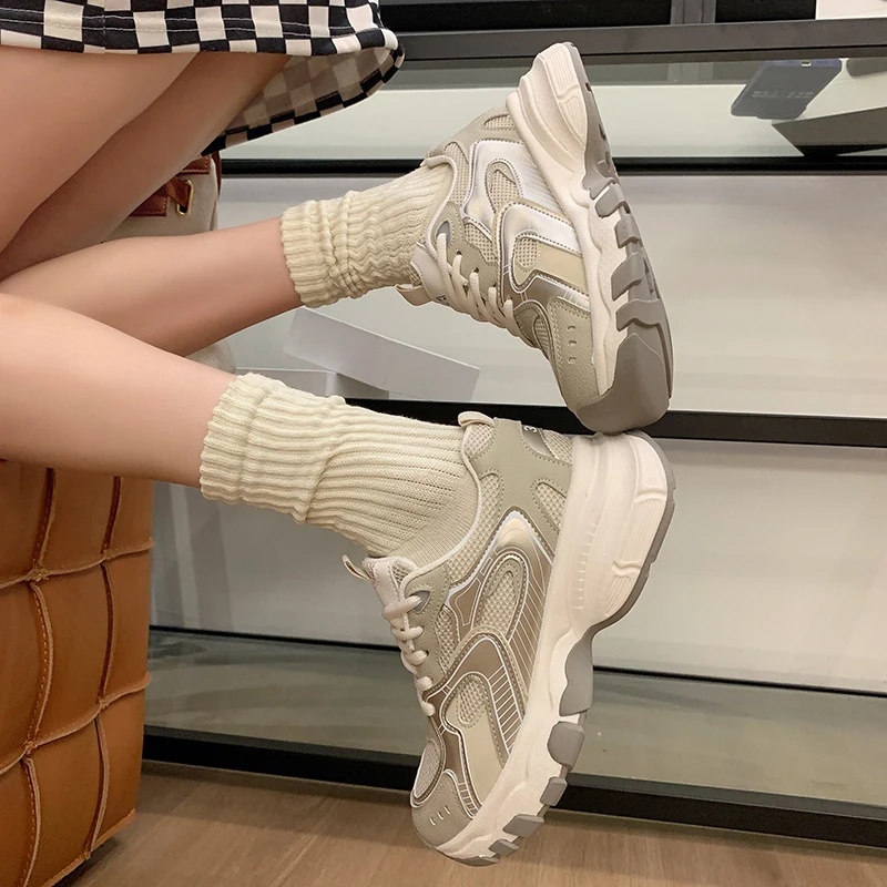 Size 35-40 Women Casual Sneakers Real Leather Ladies Thick Heels Pump Shoes 2024 Spring Tannis Athletic Workout Daily Dress