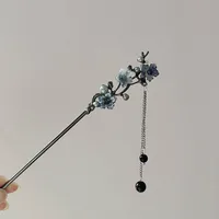Classic Hair Stick Chopsticks Ink Color Flower Metal Fringe Hairpin For Women Pearl Black Beads Cheongsam Hair Bun Jewelry Gifts