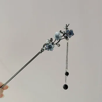 Classic Hair Stick Chopsticks Ink Color Flower Metal Fringe Hairpin For Women Pearl Black Beads Cheongsam Hair Bun Jewelry Gifts