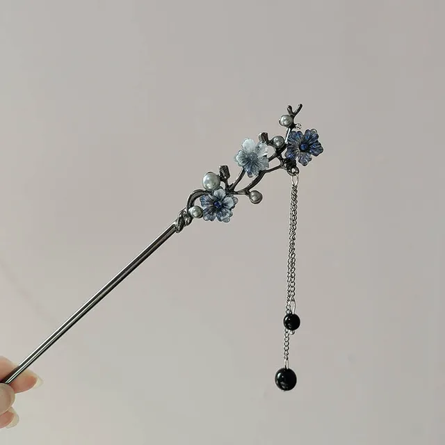 Classic Hair Stick Chopsticks Ink Color Flower Metal Fringe Hairpin For Women Pearl Black Beads Cheongsam Hair Bun Jewelry Gifts
