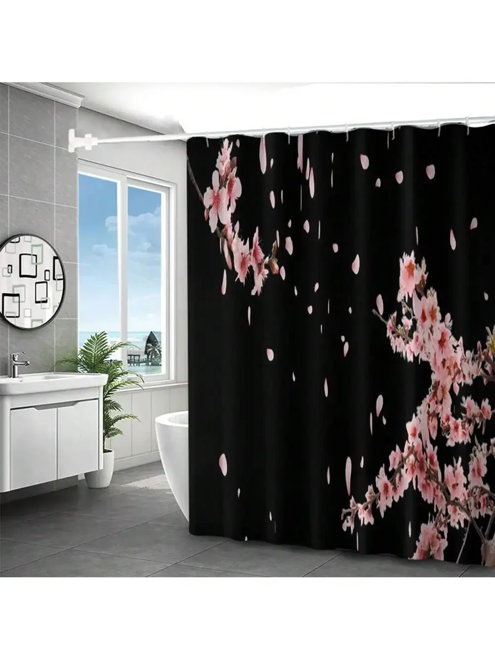 4pcs Modern style printing Shower Curtain Set With 12 Hooks, Anti-Slip Bathroom Mat, U-Shaped Toilet Rug, Bathroom Curtain Set 6