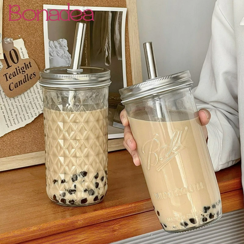 

650ml Boba Milk Tea Glass Water Cup With Straw Lid Large Capacity Clear Heat Resistance Glass Coffee Bubble Juice Cold Drink Cup