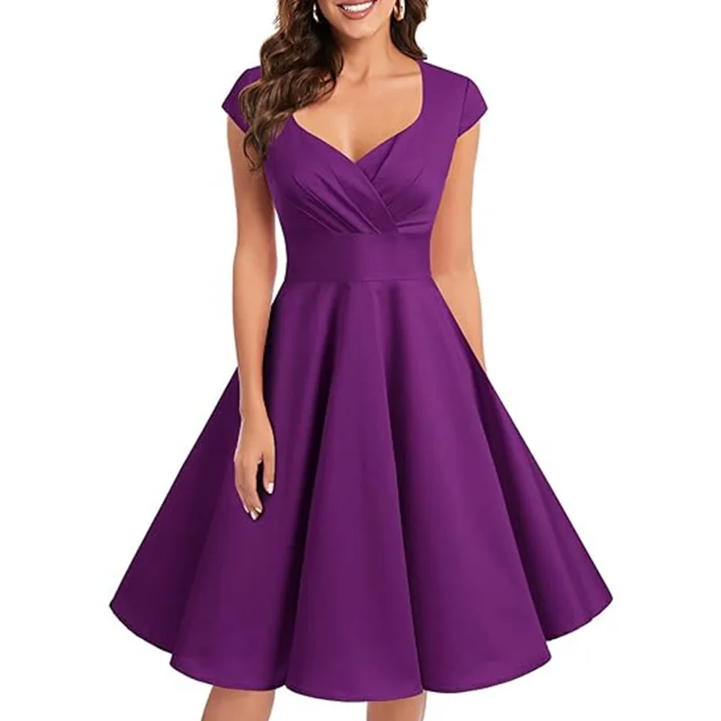 V Neck Cap Sleeves Satin Cocktail Dresses Knee Length Ruched A Line Short Prom Dresses Evening Formal Wedding Bridesmaid Gown