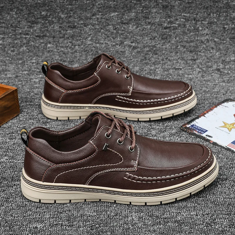 Men's Casual Leather Shoes Flat Lace Up Sneakes Business