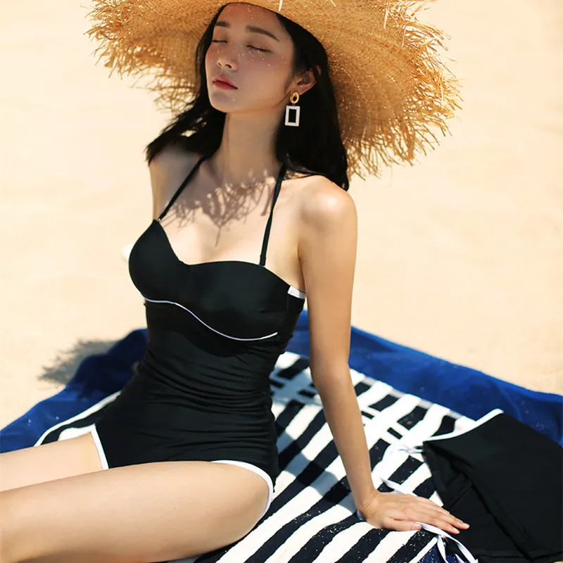 

2024 черный спортивный Цельный купальник с мини-юбкой, женский купальник, монокини, боди, корейский купальный костюм, пляжная одежда на лето