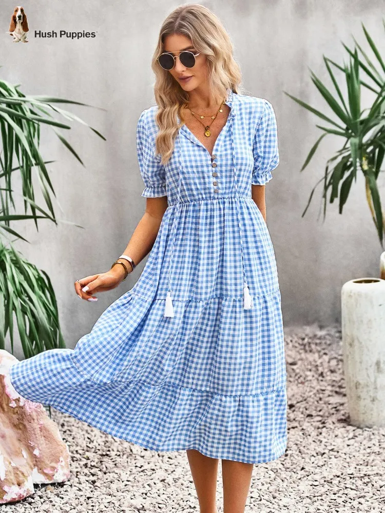 

Hush Puppies Lady Chic Plaid Short Sleeve Summer Dress Fashion A-line Tassel Elastic Waist Ruffles Dress Elegant Party Sundress