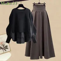 2026 Spring/Autumn New Korean Elegant Splice Fake Two Piece Knitted Sweater Dress Matching Set Women's Chic Pullover Skirt Set - Image 3