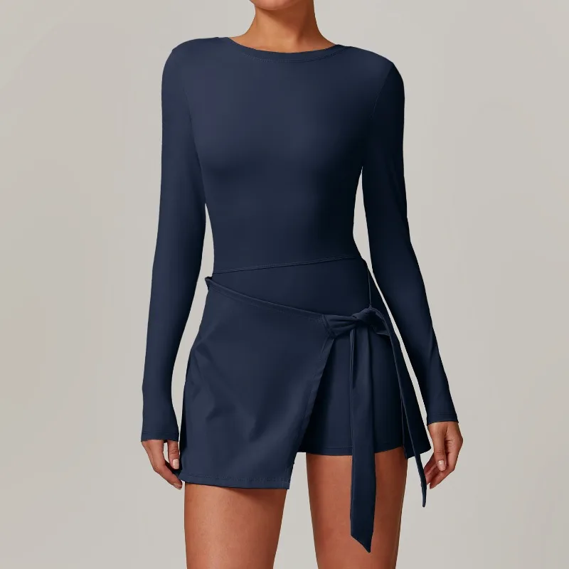 Womens Fake Two Piece Anti-Slip Slimming Sports Yoga Dress Tennis Workout Sexy Back Tie Waist Dress Gym Trainning SportsWear