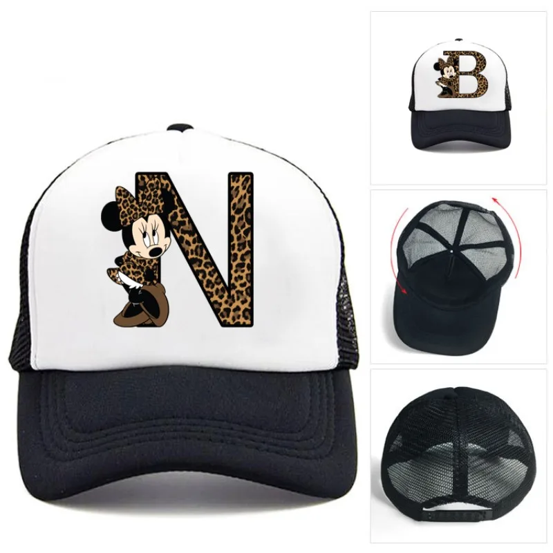 

Minnie Mouse Leopard Print A-Z 26 English Letters Baseball Caps for Girls Children Hat Snapback Casual Cap Kids Hat Hip Hop Cap