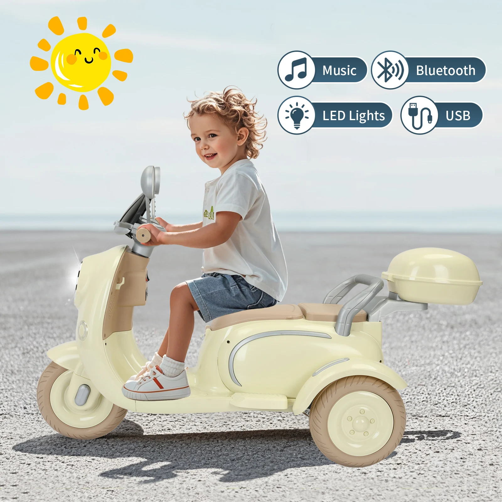 2 Seater Kids Ride on Motorcycle, 12V Electric Motorcycle for Kids, 3 Wheels Kids Motorbike with Storage Box, Music, LED Light