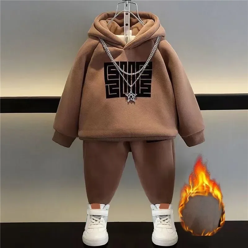 Dětské Zimní Plus Veet Teplý Pulovr Topy+Kalhoty 2ks Set Chlapci Dívky Bavlna Mikiny Sportovní Neformální Oblečení_voghion.com