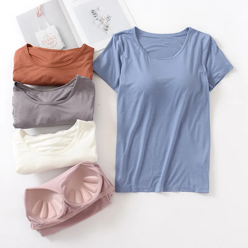 Short Sleeved T-shirt With Chest Pad Women's Round Neck Slim Fit Tank Tops Sexy Shirts Feminino Casual Underlay shirt slimming sports t shirt sports shirt