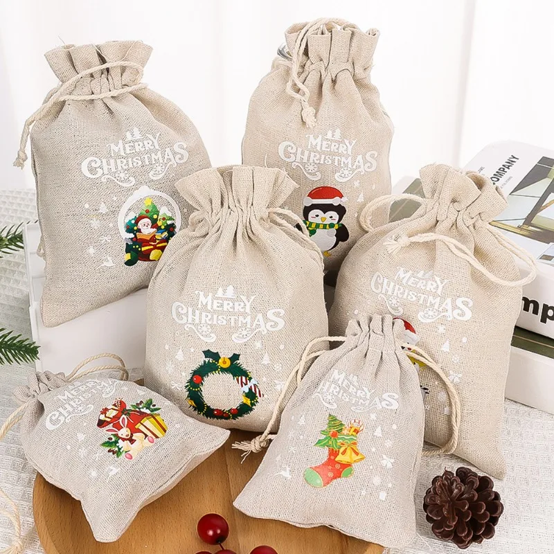 

1/5PCS Christmas Gift Bag Linen Drawstring Candy Cookie Packing Bag Merry Christmas New Year Party Decor Snack Storage Pouch