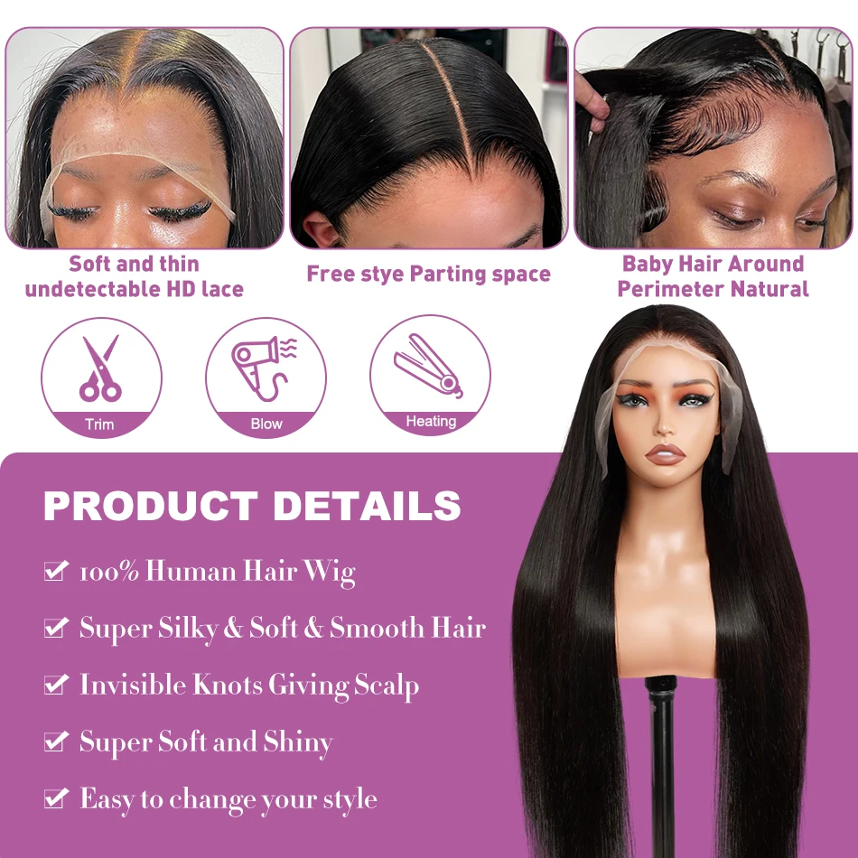 Links 40 Inch Bone Straight 13x6 HD Transparent Lace Frontal Human Hair Wigs 250% Brazilian 13x4 Lace Front Wig For Women